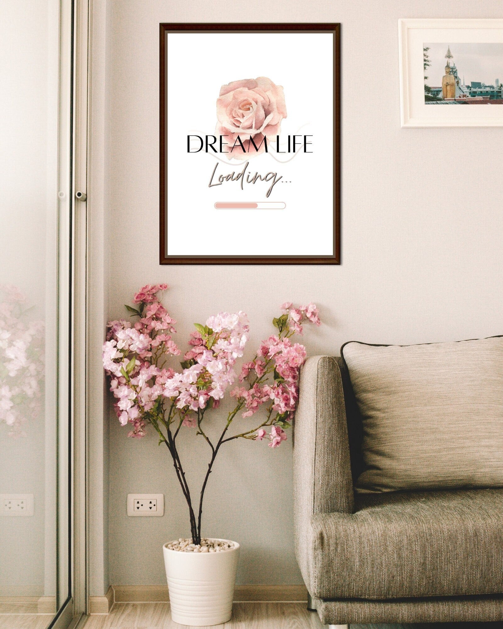 Dream Life Printable Wall Art Aesthetic Neutral Toned Wall Living Room Art Digital Pink Floral Cute Quote for Bedroom Rose Design Home Decor