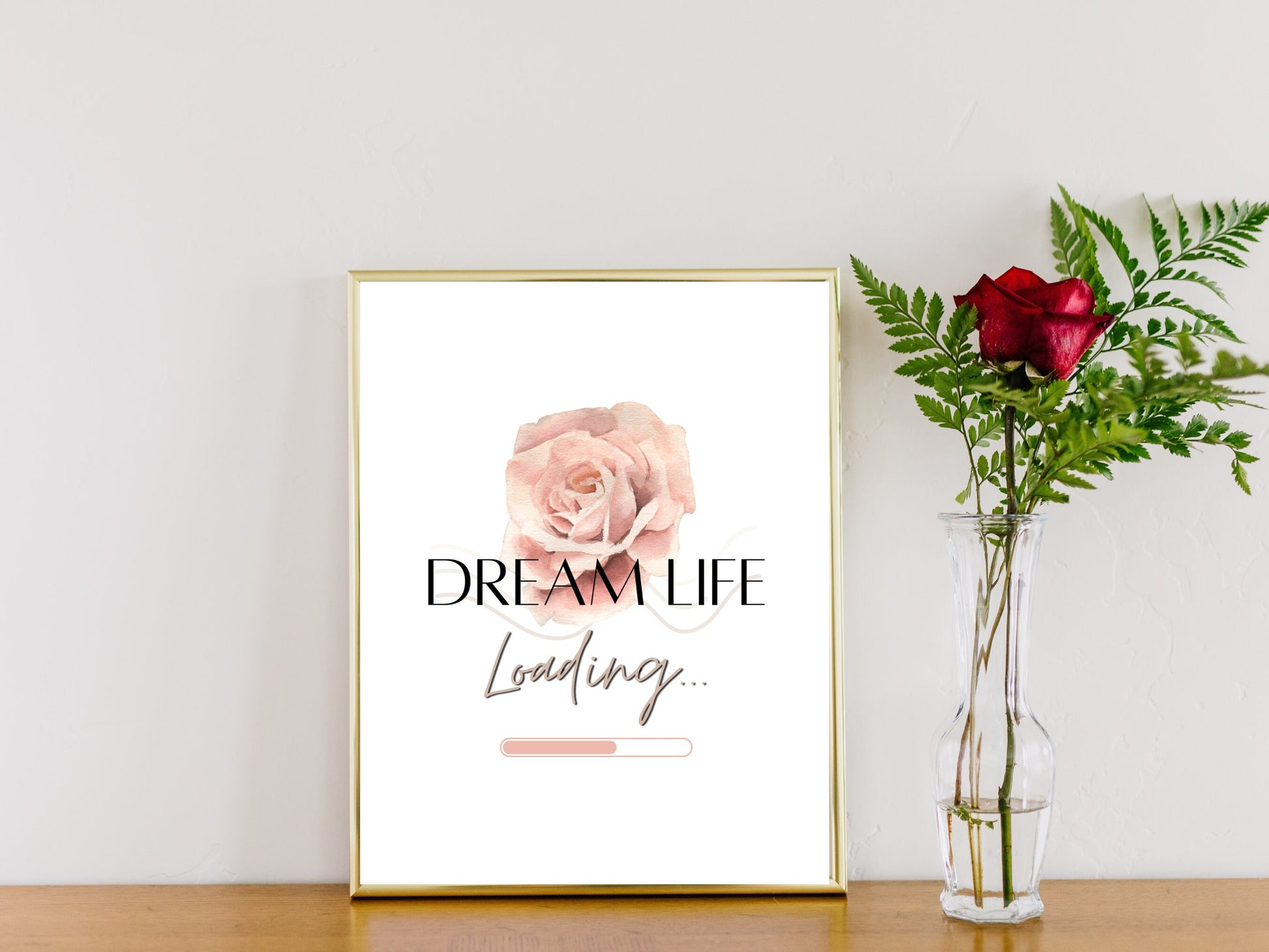 Dream Life Printable Wall Art Aesthetic Neutral Toned Wall Living Room Art Digital Pink Floral Cute Quote for Bedroom Rose Design Home Decor