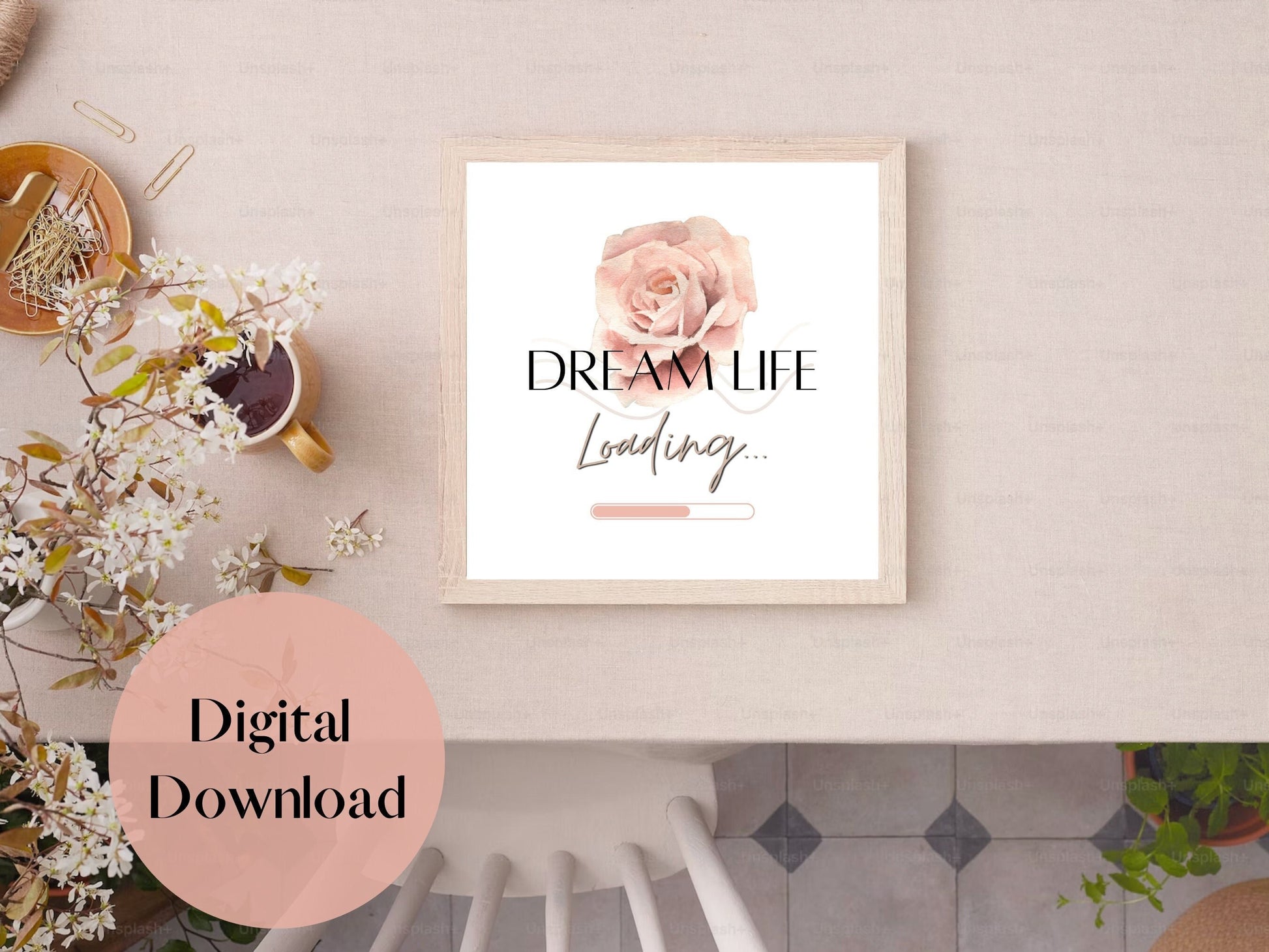 Dream Life Printable Wall Art Aesthetic Neutral Toned Wall Living Room Art Digital Pink Floral Cute Quote for Bedroom Rose Design Home Decor