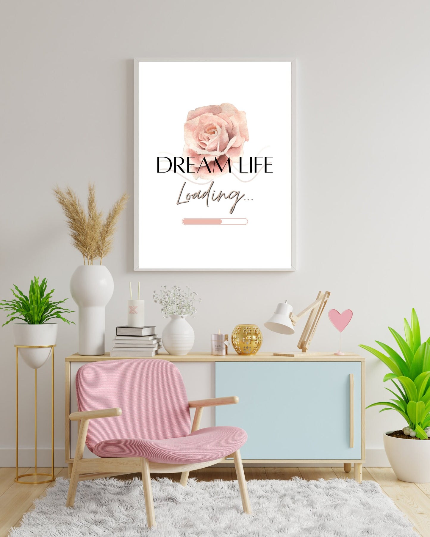 Dream Life Printable Wall Art Aesthetic Neutral Toned Wall Living Room Art Digital Pink Floral Cute Quote for Bedroom Rose Design Home Decor